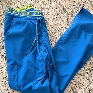 Med Couture Blue Scrub Top & Pants with Yellow Accents